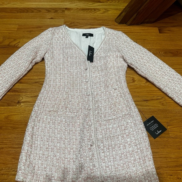 Beautifully Posh Pink Boucle Button-Front Long Sleeve Mini Dress - Picture 3 of 4